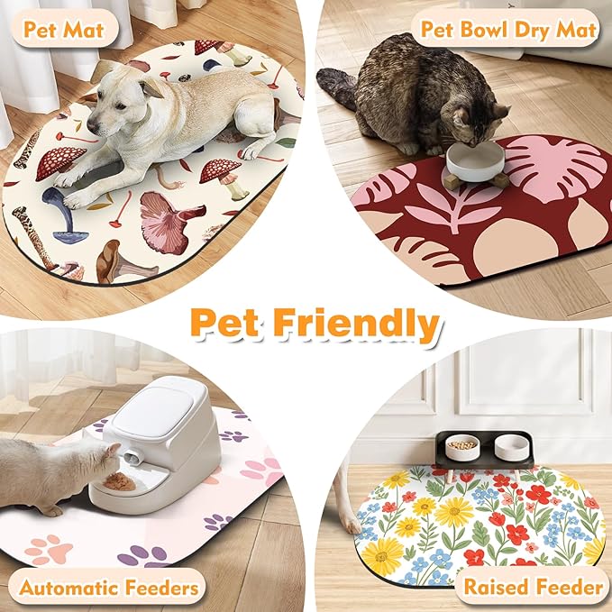 Dog Food Mat 20''x12'', Small Pet Feeding Mat, Non-Slip Rubber Pet Food Mat, Absorbent Cat Dog Water Bowl Mat for Messy Drinkers, Dogs Bowl Placemat for Food and Water, Mushroom