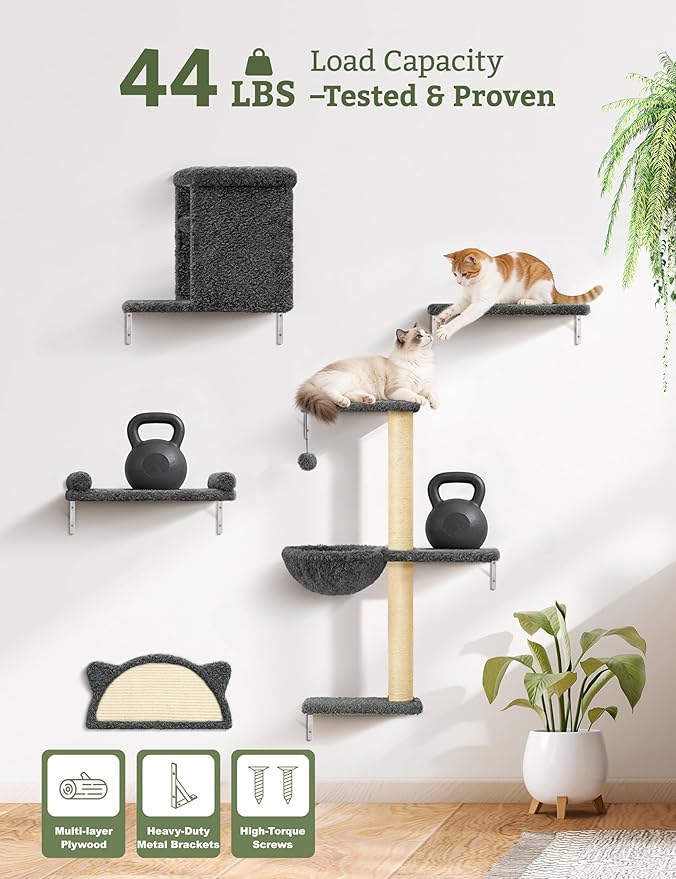 5-in-1 Cat Wall Shelves, Solid Wood & Velvet & Sisal Scratcher, 44lbs Max Load, Wall Mounted Cat Furniture for Climbers, Cat Climbing Wall System, Fits Drywall & Solid Walls - Dark Gray
