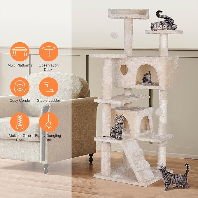 Premium Cat Tree 54-Inch Tall, Large Cat Condo Furniture with Sisal Posts and Plush Platforms, Luxury Lounger and Scratch Post for Happy Indoor Cats (Beige)