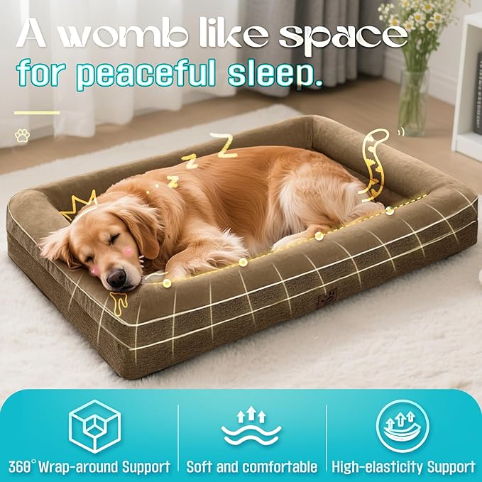 Waterproof Memory Foam Dog Beds for Extra Large Dogs Non-Slip Orthopedic Dog Beds Washable Couch Pet Bed with Removable Cover (Brown, Large)