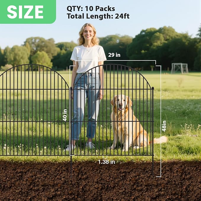 10Pcs No Dig Garden Fence, 40in(H)/24ft(L) Rustproof Metal Dog Fence Outdoor for Yard, Tall Animal Barrier Pet Fencing, Border Panel for Dog, Rabbits, Patio, Flower Bed, Garden Decor