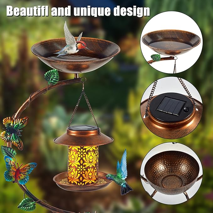 Metal Birdbath with Flower Planter Pedestal and Solar Bird Feeders Combo for Outdoor, Decorative Bird Bath with Butterfly for Garden Yard Outside