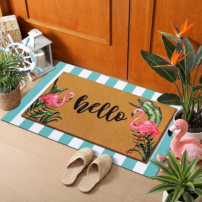 Tinideya 2 Pcs Summer Door Mat Flamingo Welcome Non Slip Coir Hello Mats Floor Layering Doormats Seasonal for Front Porch Entryway Decor(Brown Green White,Hello Flamingo)