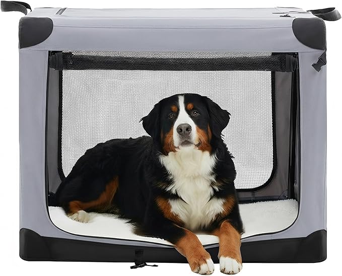 Dog Travel Crate 42 Inch, Portable Soft-Sided Travel Carriers for Dogs and Cats, Foldable Pet Kennel with 3-Doors Mesh Windows Indoor & Outdoor, Grey