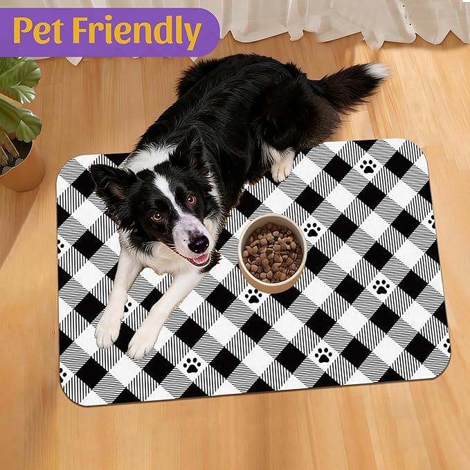 Cat Checked Plaid Dog Cat Food Mat, Absorbent Feeding Mat with Fast-Dry Surface, Rubber Backing for Messy Drinkers – 16x24 Inch
