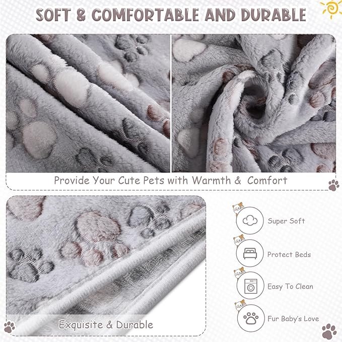 Tegeme 8 Pcs Fleece Dog Blankets for Small Dogs Cat Soft Coral Velvet Warm Sleep Mat Fluffy Dog Paw Print Blanket for Kitten Doggy Small Animal(24 x 16 Inch,Gray)