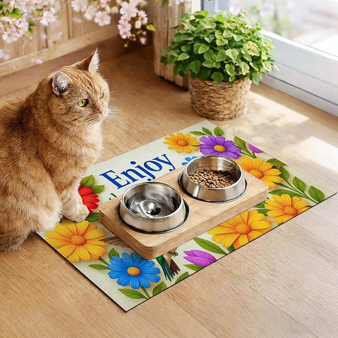 Hummingbird Pet Feeding Mat 24" x 16" Spring Design Non Slip Dog and Cat Bowl Mat Easy Clean Pet Food Mat Absorbable Pet Placemat for Dog and Cat Fast Dry Food Mat for Pet Bowls Cat