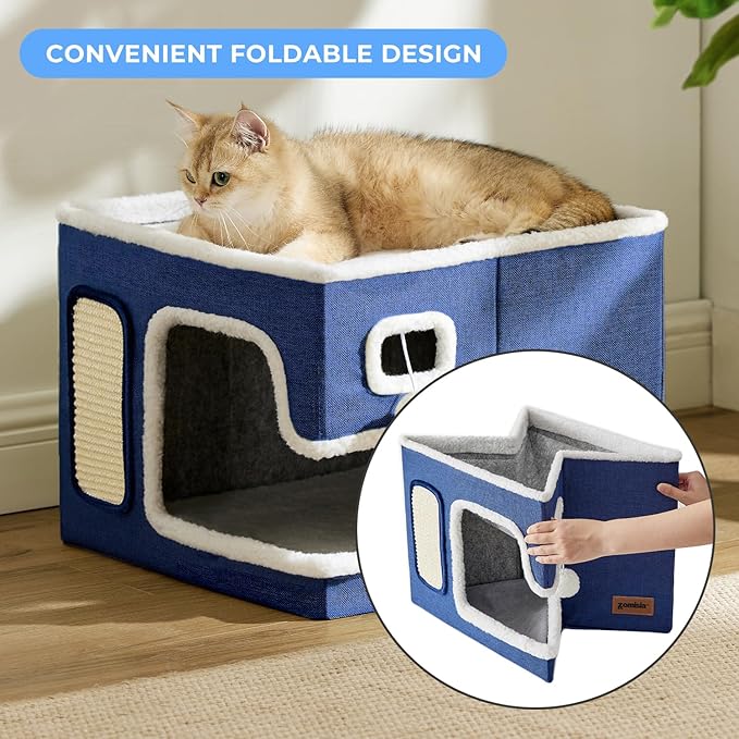 Cat Beds for Indoor Cats - Large Cat House for Pet with Fluffy Ball Hanging and Scratch Pad, Foldable Cat Hideaway,16.5x16.5x13 inches, Grey