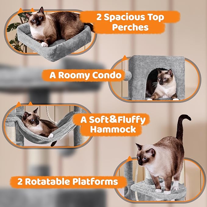 Yaheetech 59in Cat Tree for Multiple Cats, Multi-Level Activity Tower w/Hammock, Condo, Perches, Extended Platforms for Climbing & Jumping –Heavy Duty Cat Tower w/Scratching Posts & Dangling Balls