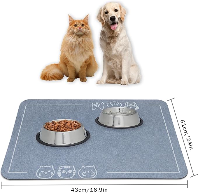 YCT Pet Food Mat, Non-Slip Bottom Absorbent Quick Dry Cat & Dog Feeding Mat, Pet Supplies, 16.9"x24" Gray