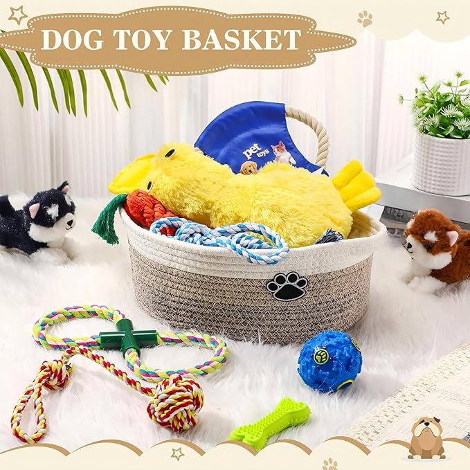 Zopeal Puppy Dog Toy Gift Storage Basket with Dog Toys Set Chew Toys Birthday Gift Basket Teething Interactive Squeaky Duck for Teething Small Medium Large Dogs(Khaki)