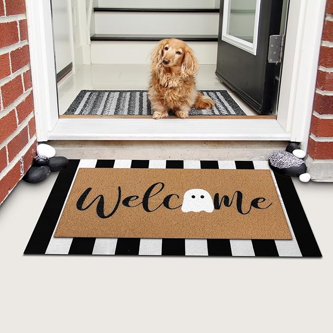 Tinideya 2 Pcs Door Mat Welcome Non Slip Coir Mats Floor Layering Doormats Seasonal for Front Porch Entryway Decor(White Ghost)