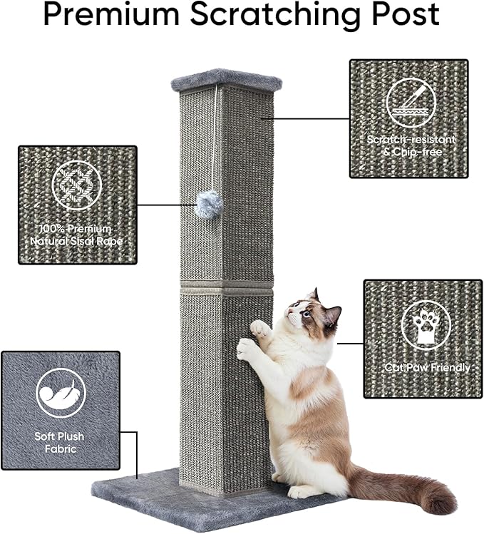 Cat Scratching Post 32 Inch for Indoor Large Cats and Kitten, Nature Sisal Tall Cat Scratch Post, Sisal Cat Scratcher Improve Cat's Scratching Habits and Protect Your Furniture, Dark Grey