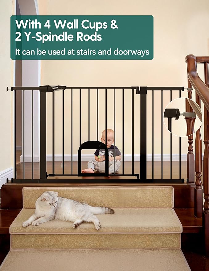 Babelio 36.5-57" Extra Wide Baby Gate with Cat Door, CatPrivilege Ⅲ, Auto Close & Two Way Swing, Pressure Mounted Dog Gates for Stairs, Doorways, Includes 4 Wall Cups and 3 Extension Pieces, Black