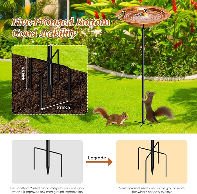 Metal Bird Bath Stand for Outdoors Garden, Bird Baths Birdbaths Bowl with Stake, Hand-Hammered Standing Birdbath, 5-Prong Base (Standing Bird Bath)