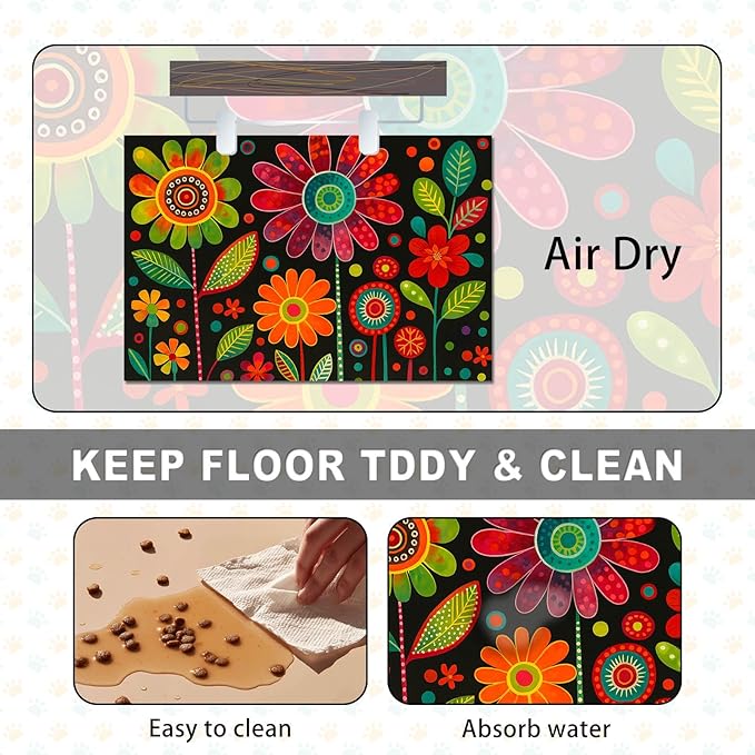 Vibrant Flower Pattern Pet Food Mat Spill-Proof Pet Feeding Mats for Food and Water Bowls Non-Slip Cats Placemat for Pet Areas Easy Clean Fast Dry Dog Water Bowl Mat 24" x 16"