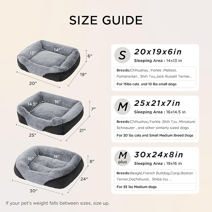 Bedsure Washable Dog Bed Small Dog＆Cat- Rectangle Fluffy Plush Kitten Puppy Bed, Comfy Corduroy Fleece and Nonskid Bottom,20x19x6inches,Suitable for Pet Up to 15lbs,Grey