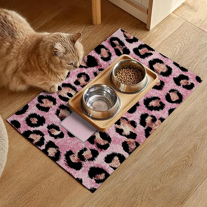 Puppy Feeding Mat 24x16 inch Pink Leopard Print Pet Bowl Placemat Non Slip Floor Mat for Food and Water Indoor Dog Feeding Station Cute Meal Pad for Small Pets Kitchen Use