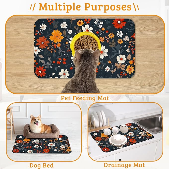Floral Black Feeding Mat,Absorbent Quick-Dry Cat Dog Food and Water Bowl Mats,Non-Slip Rubber Backing Mat,Cat Dog Accessories Supplies 16" x 24"