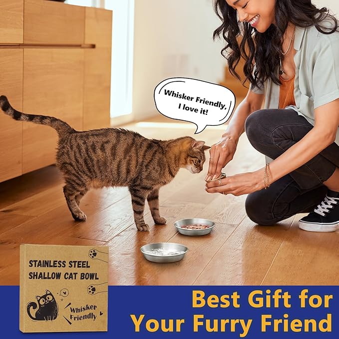 2-Pack Stainless Steel Cat Food Bowls, Shallow Whisker-Friendly Non-Slip Silicone Base Metal Dishes, Easy to Clean Indoor Water Flat Plates for Cat, Kitten, Small Dog (5.9")