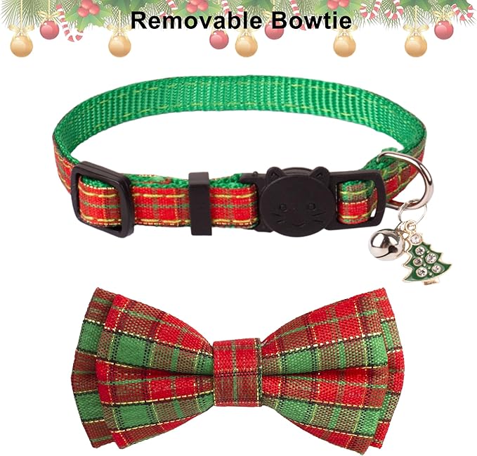 ADOGGYGO Christmas Cat Collars with Bow Bell, Breakaway Red Green Plaid Christmas Bowtie Collars for Girl Boy Cats Kittens