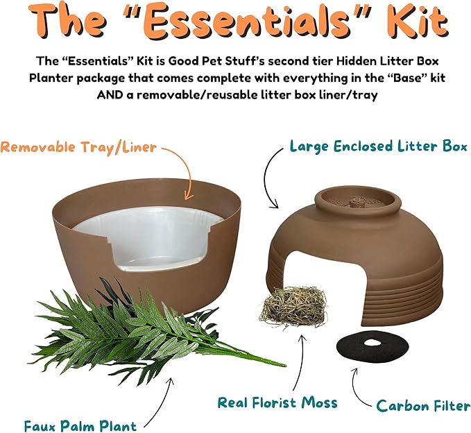 Good Pet Stuff Hidden Litter Box Planter, Decorative Cat Litter Enclosure with Carbon Filter, Artificial Plant, Easy Clean, Indoor Design, Original Round Style, Essentials Kit, Mocha Brown