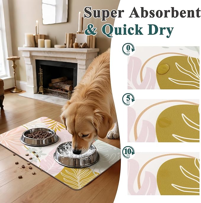 Topotdor Boho Dog Food Mat - Absorbent Quick-Dry Cat Bowl Mat for Food and Water, Non-Slip Pet Feeding Placemat for Messy Drinkers Dog Accessories Pet Supplies, 16"x24", Pink
