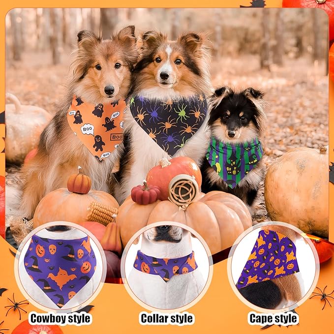 Sanwuta 120 Pcs Halloween Dog Bandanas Bulk Skeletons Pumpkin Bat Skull Ghost Spider Pet Costumes Scarf Washable Pet Scarves Adjustable Bibs for Small and Medium Pets, 30 Styles(Halloween)