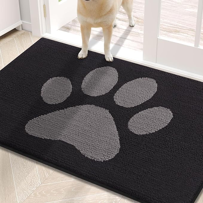 Buganda Dog Door Mat for Muddy Paws, Absorbent Dirt Trapper Non Slip Indoor Doormats, Washable Low-Profile Mat for Mud Dogs, Entryway Carpet for Inside Floor (30x20 Inches, Black and Grey)