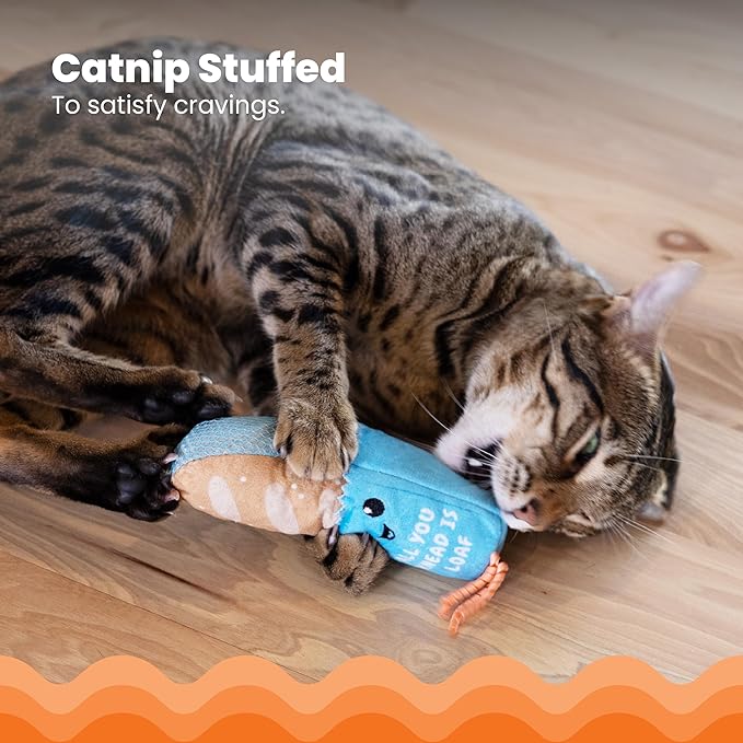 Catstages Loaf Kicker Toy with Catnip and Dental Mesh, Bread Shape, Plush and Ribbon Cat Toy for Kicking, Tossing, and Teeth Cleaning, Tan