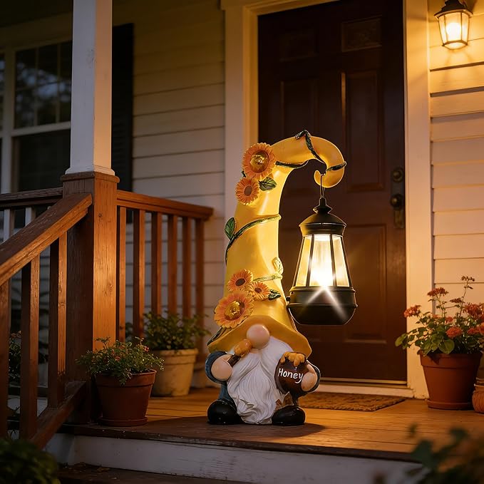 Mom Birthday Gifts-Garden Gnome Statue with Solar Lights Large Garden Sculptures Funny Triple Gnome Outdoor Patio Lawn Yard Garden Decor Gifts for Women Mom 12 in Spring Gnomes Outdoor