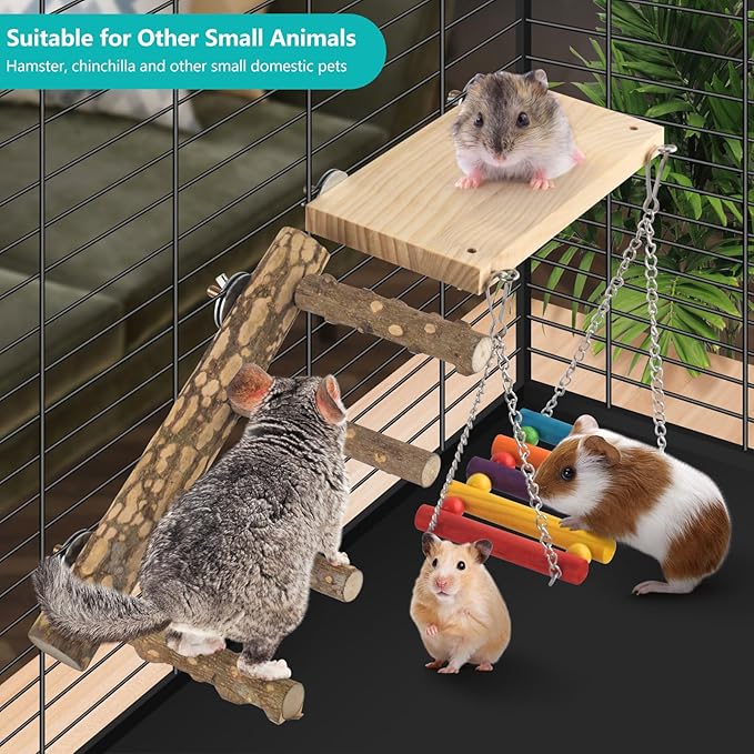 3in1 Bird Perch Toys for Parrots, Wooden Ladder Perch for Cage, Parrot Platform Stand Colourful Swing Hammock Climbing Bridge Exercise Cage Accessories for Budgies Cockatiels Lovebirds Hamster