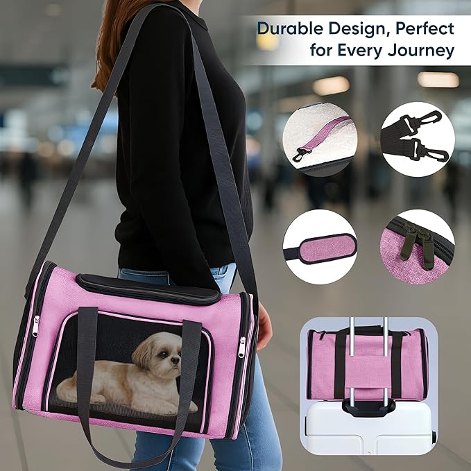 Pet Travel Carrier Bag – Airline Approved Soft-Sided Dog & Cat Carrier, Foldable, Breathable Mesh, Washable Pad – Fits Pets up to 15 lbs – The Pup Quartet (Pink)