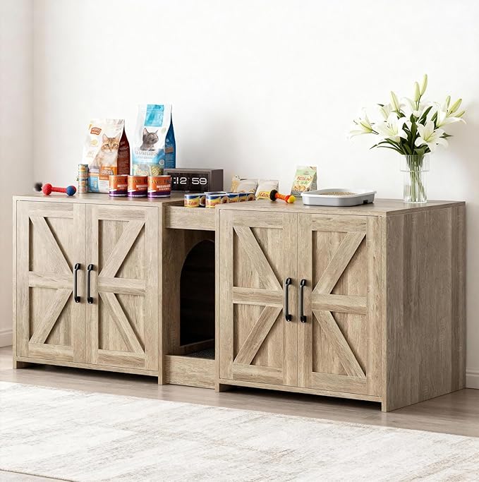Cat Litter Box Enclosure Furniture - Hidden Litter Box Double Cabinet with Scratch Pad & Cats Bed | Farmhouse Style End Table for Cats | Discreet Cat Washroom for Living Room & Bedroom Grey
