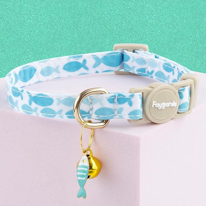 Faygarsle 2 Pack Plaid Butterfly Fish Pattern Cat Collars Breakaway Safety Collar with Bell Spring Summer Design for Girl Cats,Blue Multicolor