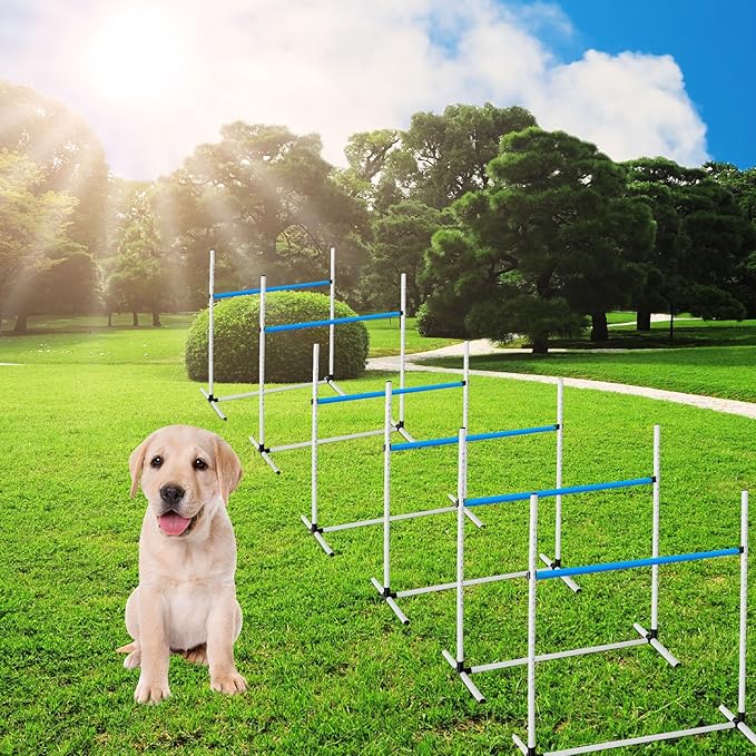 6 Pcs Dog Agility Training Equipments Dog Agility Jumps Hurdles Adjustable Jumps Hurdles Pet Jump Bars with Bag and Whistle for Indoor Outdoor Dogs Pet Jump Course Game(Blue and White)