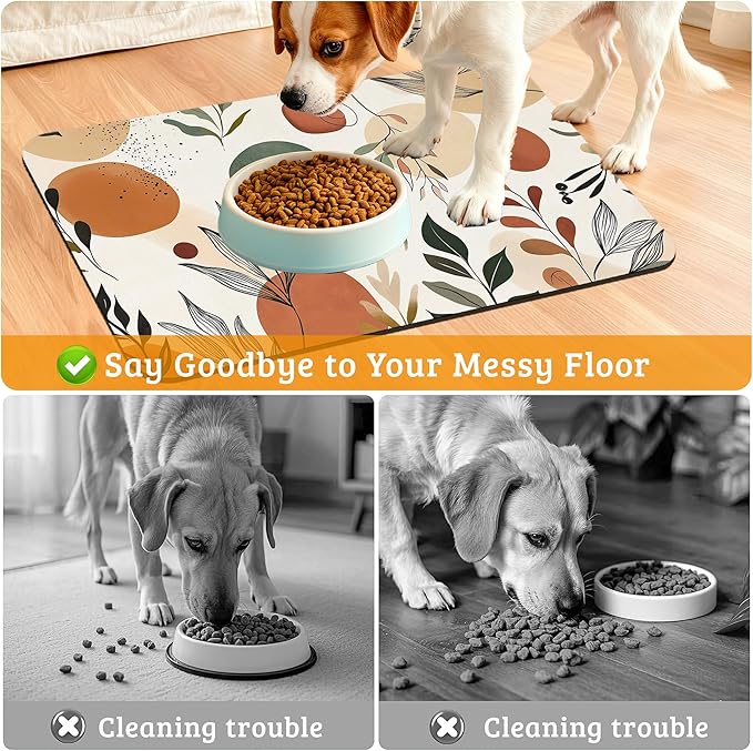 Boho Dog Cat Food Mat,Abstract Leaves Absorbent Waterproof Placemat for Food and Water Non Slip Rubber Backing Durable Feeding Pad for Clean Floors 12" x 20"