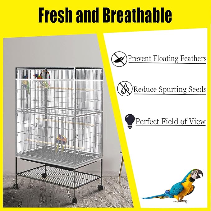 Bird Cage Seed Catcher Large Bird Cage Cover 118 * 31 inches Adjustable Net Cover,Nylon Mesh Birdcage Skirt Guard for Parrot Macaw Round Square Cages (1, White, 118 * 31 inches)