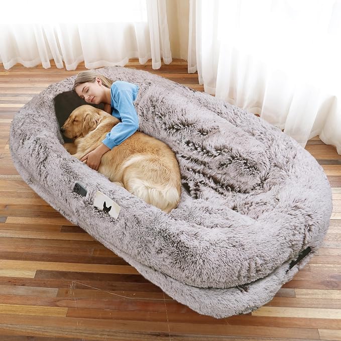 Human Dog Bed, 71''x45''x12'' Size Fits You and Pets, Washable Faux Fur Pet Bed for People Doze Off, Napping Orthopedic Dog Bed, Present Plump Pillow, Blanket, Strap - RustWhite