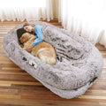 Human Dog Bed, 71''x45''x12'' Size Fits You and Pets, Washable Faux Fur Pet Bed for People Doze Off, Napping Orthopedic Dog Bed, Present Plump Pillow, Blanket, Strap - RustWhite