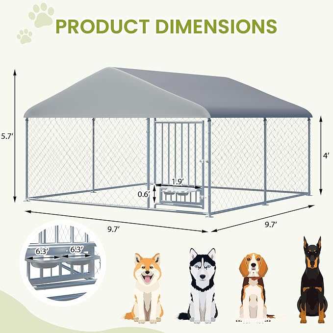10FT x 10FT Outdoor Dog Kennel with Roof, Outside Dog Run Fence with Rotated Dog Bowls, Large Dog House Pen Enclosure with Secure Lock&Textilene Door