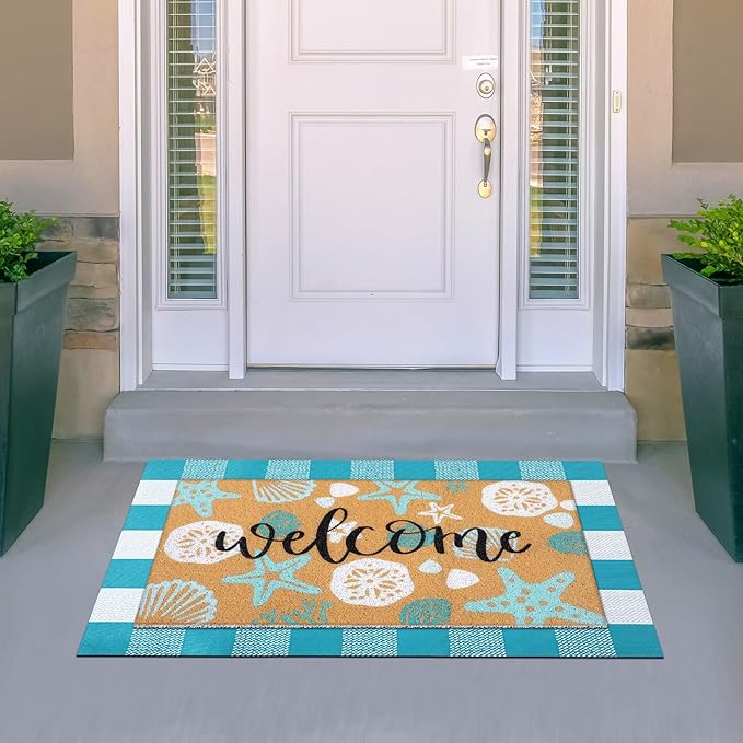 Tinideya 2 Pcs Summer Door Mat Coastal Beach Welcome Non Slip Coir Mats Sea Style Starfish Seashells Ocean Buffalo Plaid Floor Layering Doormats Seasonal for Front Porch Entryway Decor(Summer Beach)