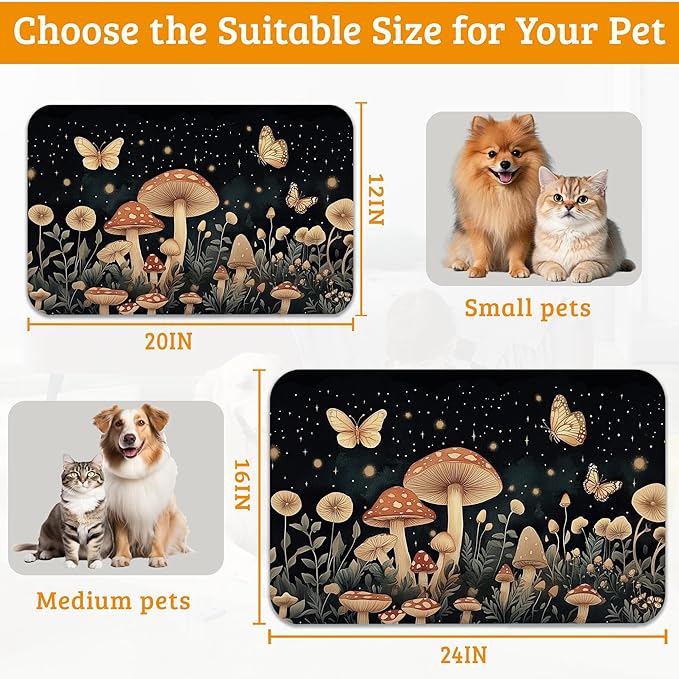 Fantasy Mushroom Dog Cat Food Mat,Butterfly Stars Absorbent Waterproof Placemat for Food and Water Non Slip Rubber Backing Durable Feeding Pad for Clean Floors 16" x 24"