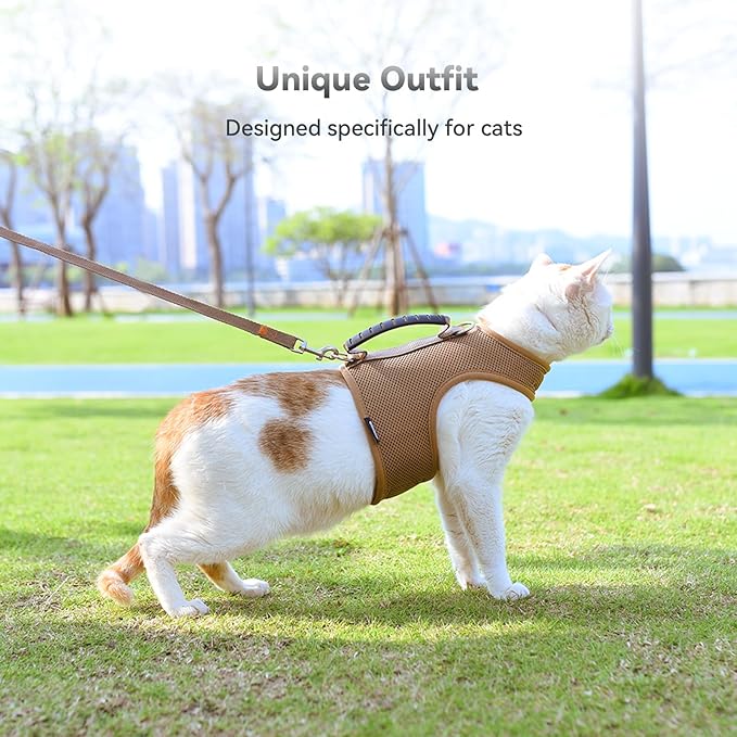 Kitty Harness and Leash for Walking Escape Proof Breathable Mesh Fabric, Solid Brown, X-Small, Adjustable Cat Walking Jackets with Handle, Padded Stylish Cat Vest