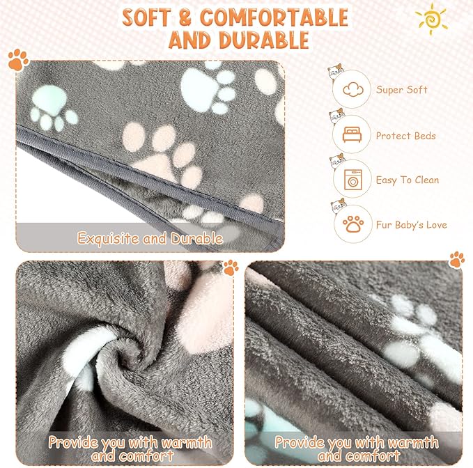 Tatuo 4 Pcs Dog Blanket for Pet Cat Blankets Indoor Puppy Teething Stuff Toys Paw Print Fleece Soft Blanket Sleep Mat for Guinea Pig Cage(Dark Gray,X-Large(41 x 30 Inch),Square)