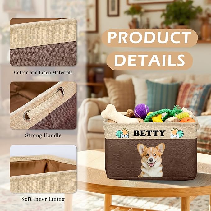 Personalized Dog Toy Storage Basket Custom Collapsible Toy Bin with Pet's Name and Photo-Rectangular Storage Organizer for Dog' Toys Clothing Blankets