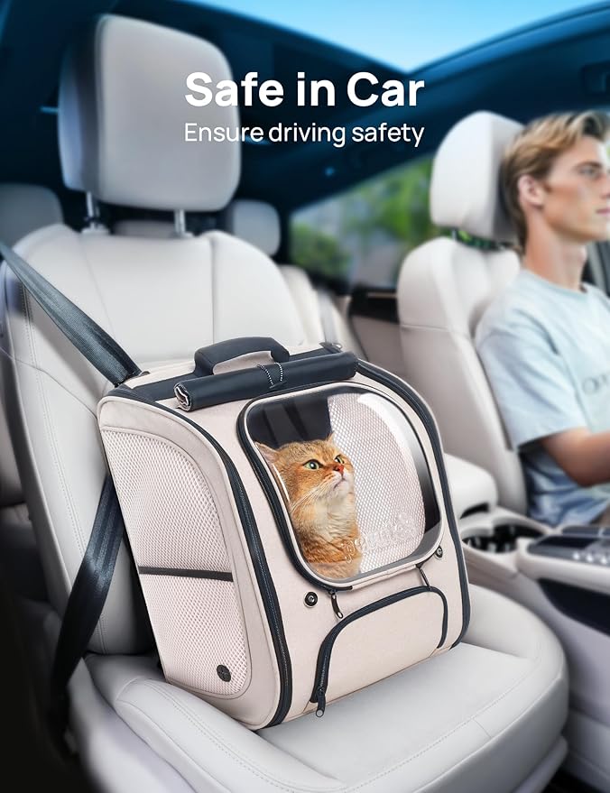 Pecute Cat Backpack Carrier, Large Space Cat Bubble Backpack, Breathable Cat Carrier, Shaded Dog Backpack Carrier, Ergonomic 3D Design for Travel, Hiking, Walk, Suitable for Shopping, Car, Vet, Khaki