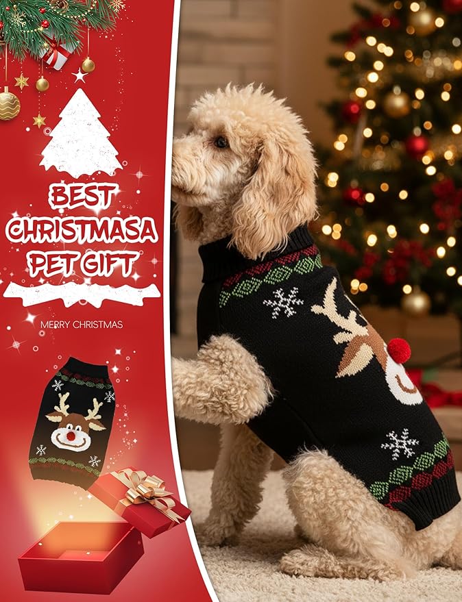Dog Christmas Sweater, Soft Warm Pet Clothes Coat for Small Medium Large Dogs and Cats Boy Girl, Fall Cozy Holiday Turtleneck Knitting Collar Pullover Pup Outfit Costume for Thanksgiving New Year