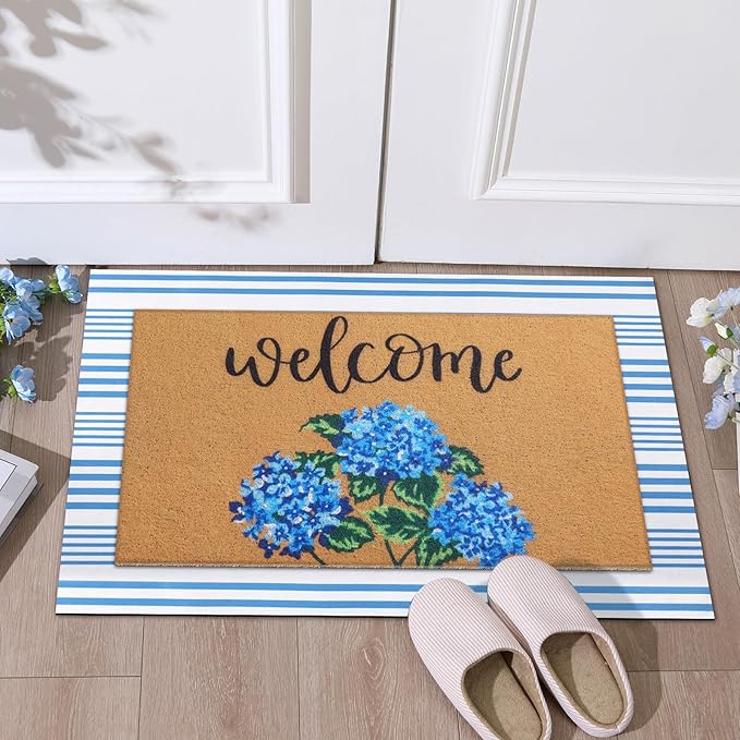 Tinideya 2 Pcs Hydrangea Door Mat Blue and White Stripe Welcome Non Slip Flower Coir Mats Floor Layering Floral Doormats Seasonal for Front Porch Entryway Decor(Blue Flower)
