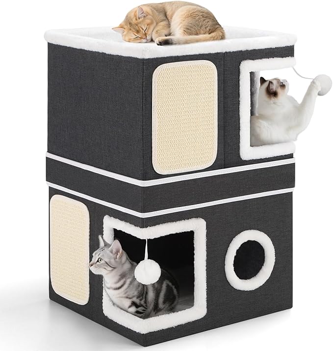 2-Storey Cat House for Indoor Cats, Separate Into 2 Large Cat Bed Cave with Hideaway Condos, Scratch Pads, Hanging Balls, Foldable Indoor Cat House, Cat Cube for Multiple Cats Kitten, Black